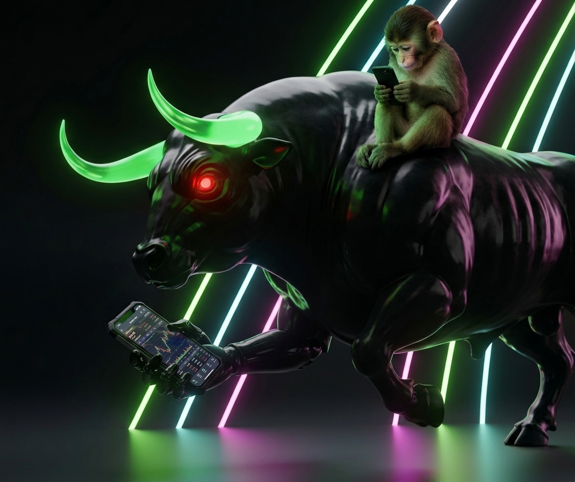 Cyborg bull carrying a small ape trader, glowing red eye, holding a phone with trading charts